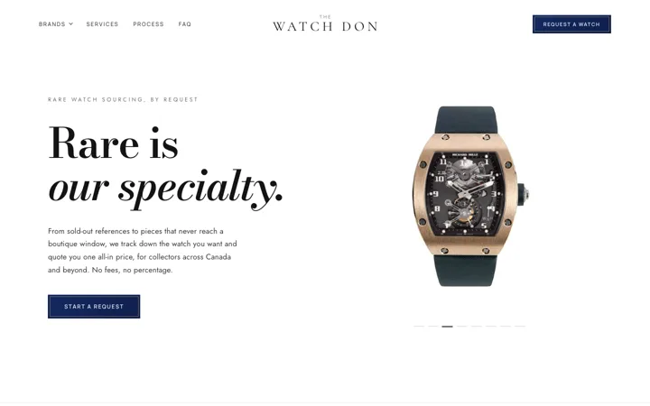 The Watch Don homepage: an editorial serif headline, Rare is our specialty, next to a Richard Mille watch