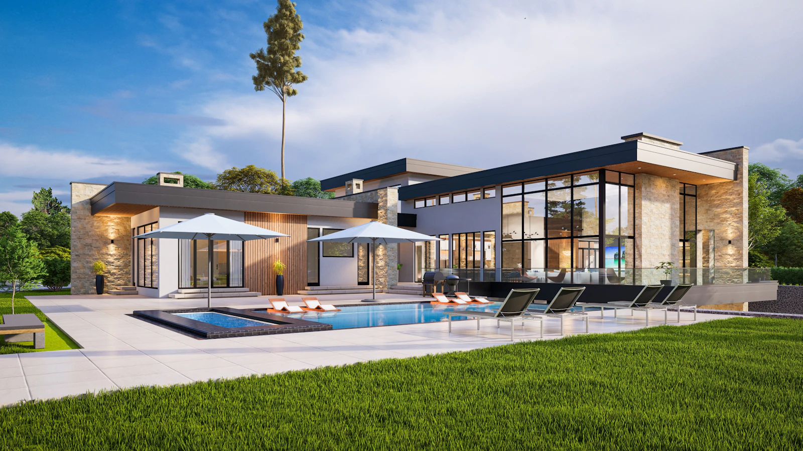 A sprawling home wrapped around a pool and lawn